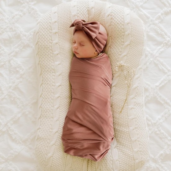 GRSSDER Newborn Swaddle Blanket, Ultra Soft Jersey Receiving Blanket with Matching Headband and Beanie Set , Stretchy Baby Neutral Swaddle Wrap for Girls and Boys