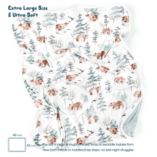 GRSSDER 2 Pack Super Soft Jersey Knit Swaddle Blankets for Baby Girls and Boys, Double Layer Reversible Receiving Blankets 34 x 44 Extra Large for Swaddling, Bear & Snow Wolf