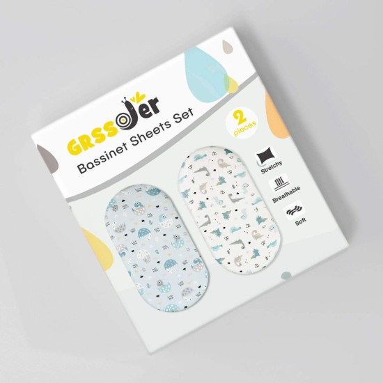 GRSSDER Stretchy Ultra Soft Fitted Bassinet Sheet Set 2 Pack, Universal Fit for Bassinets Baby Cradle Moses Basket Oval Rectangle Pad/Mattress