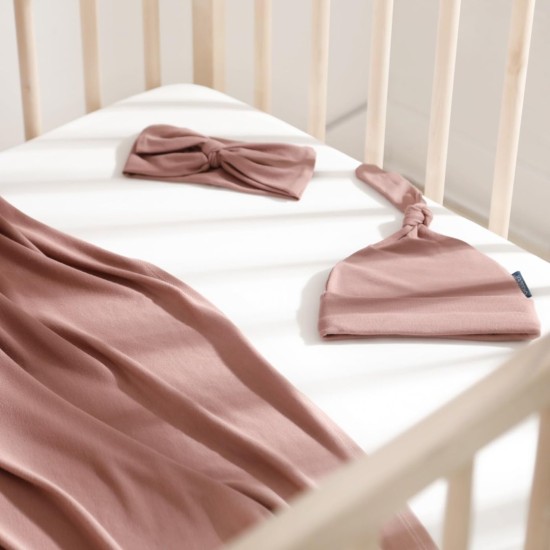 GRSSDER Newborn Swaddle Blanket, Ultra Soft Jersey Receiving Blanket with Matching Headband and Beanie Set , Stretchy Baby Neutral Swaddle Wrap for Girls and Boys