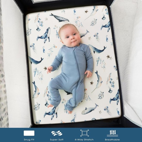 GRSSDER Stretchy Ultra Soft Jersey Knit Fitted Pack n Play Sheets Set 2 Pack, Portable/Mini Crib Mattresses for Boys and Girls, Universal Fit for Pack N Plays Pads Safe and Snug