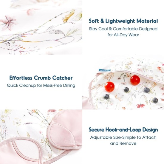 GRSSDER 3-pack Mess Proof Baby Feeding Bibs with Food Catcher Pocket, Soft Lightweight Waterproof Fabric Material with Zero Plastic-like Feel, Adjustable and Easy Clean Toddler Bibs for 6-36 Months