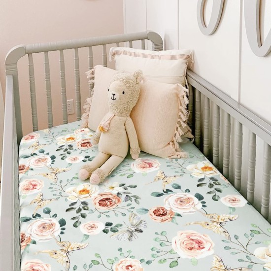 GRSSDER Stretchy Crib Sheets for Baby Girls, Ultra Soft Jersey Knit Fitted Crib Sheets 2 Pack, Universal Fits Most Toddler Crib Mattress Pads Safe and Snug, Stylish Flora Print | Ultra Soft, 