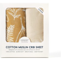GRSSDER Soft Muslin Crib Sheet 2 Pack, 100% Cotton Crib Sheets for Boys and Girls, Fit Standard Crib Mattresses 52" x 28" Safe and Snug