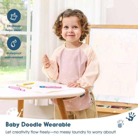 GRSSDER 2 Pack Long Sleeve Baby Feeding Bibs, Soft Waterproof Coverall Baby Led Weaning Bib with Large Food Catcher Pocket