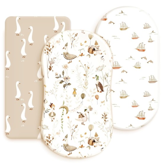 GRSSDER Stretchy Ultra Soft Fitted Bassinet Sheets 3 Pack, Universal Fitted for Oval Rectangle Bassinet Mattresses Safe and Snug, Stylish Bassinet Sheet Gender-Neutral Print for Baby