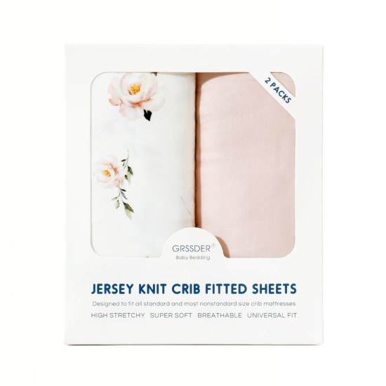 GRSSDER Stretch Ultra Soft Jersey Knit Fitted Crib Sheets Set 2 Pack, Universal Fitted Most Crib Mattress Pads Safe and Snug, Breathable Crib Fitted Sheet for Baby