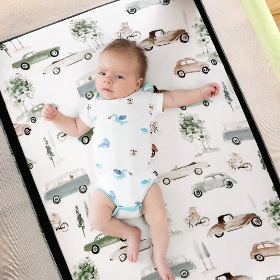 GRSSDER Pack n Play Sheets Fitted 3 Pack, Stretchy Ultra Soft Jersey Knit Pack and Play Sheets, Universal Fitted Portable/Mini Crib Mattresses Snug and Safe, Neutral Pattern of Cars Print | Pack and Play Sheets, Ultra Soft, Stretchy