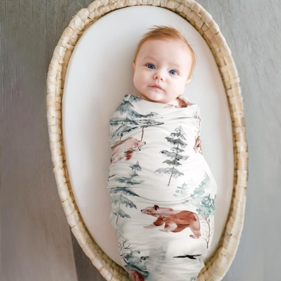 GRSSDER 2 Pack Super Soft Jersey Knit Swaddle Blankets for Baby Girls and Boys, Double Layer Reversible Receiving Blankets 34 x 44 Extra Large for Swaddling, Bear & Snow Wolf