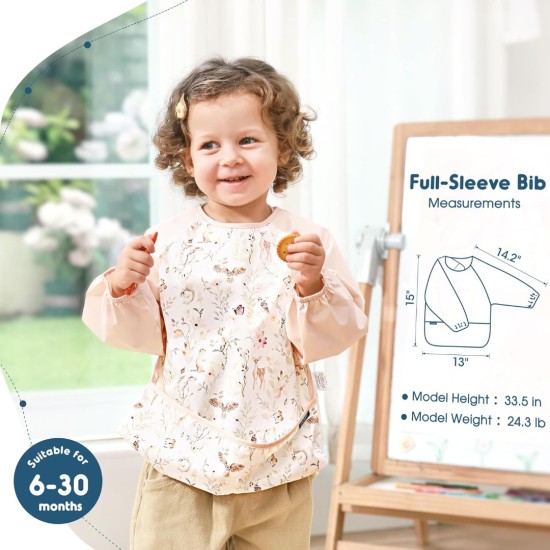 GRSSDER 2 Pack Long Sleeve Baby Feeding Bibs, Soft Waterproof Coverall Baby Led Weaning Bib with Large Food Catcher Pocket