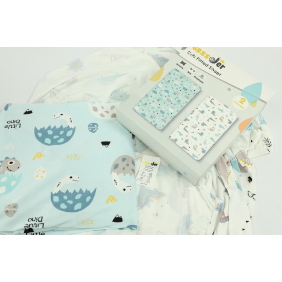 GRSSDER Stretchy Ultra Soft Jersey Knit Fitted Crib Sheets Set 2 Pack, Crib sheets Deep Pocket and Cozy Fits All Standard Crib Mattress Pads Safe and Snug, Happy Dinosaurs Print for Boys and Girls